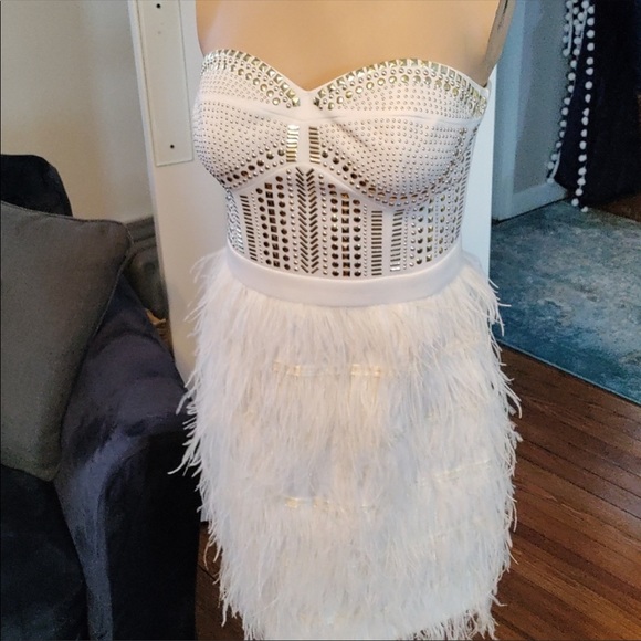 ARK & CO White Ostrich Feathers Studded Dress NWT - Picture 8 of 16